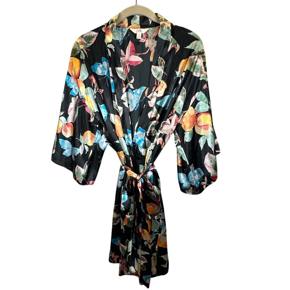 Sugar Candy Womens Satin Floral Butterfly Kimono Robe Black Small ST22110SD